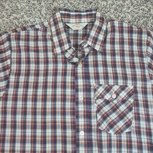 Vintage Levis Plaid Button Down Shirt Mens M Navy Red White Made in USA Sheer